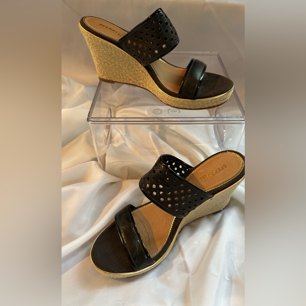 Sperry black wedge sandals with rope heel, size 11